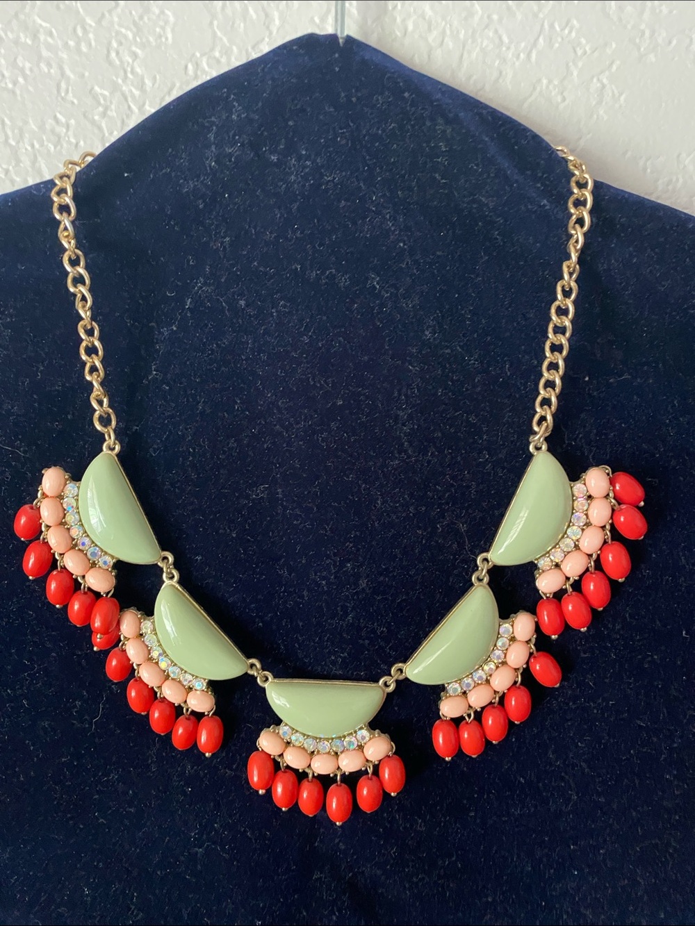 Gold Chain Statement Necklace with Mint, Coral and Peach Accents